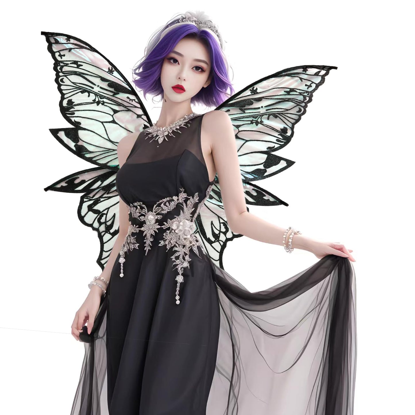 Fairy Wings for Adults Women 31.5"x29.5" Fairy Costume Set Large Butterfly Wings for Halloween Party Black