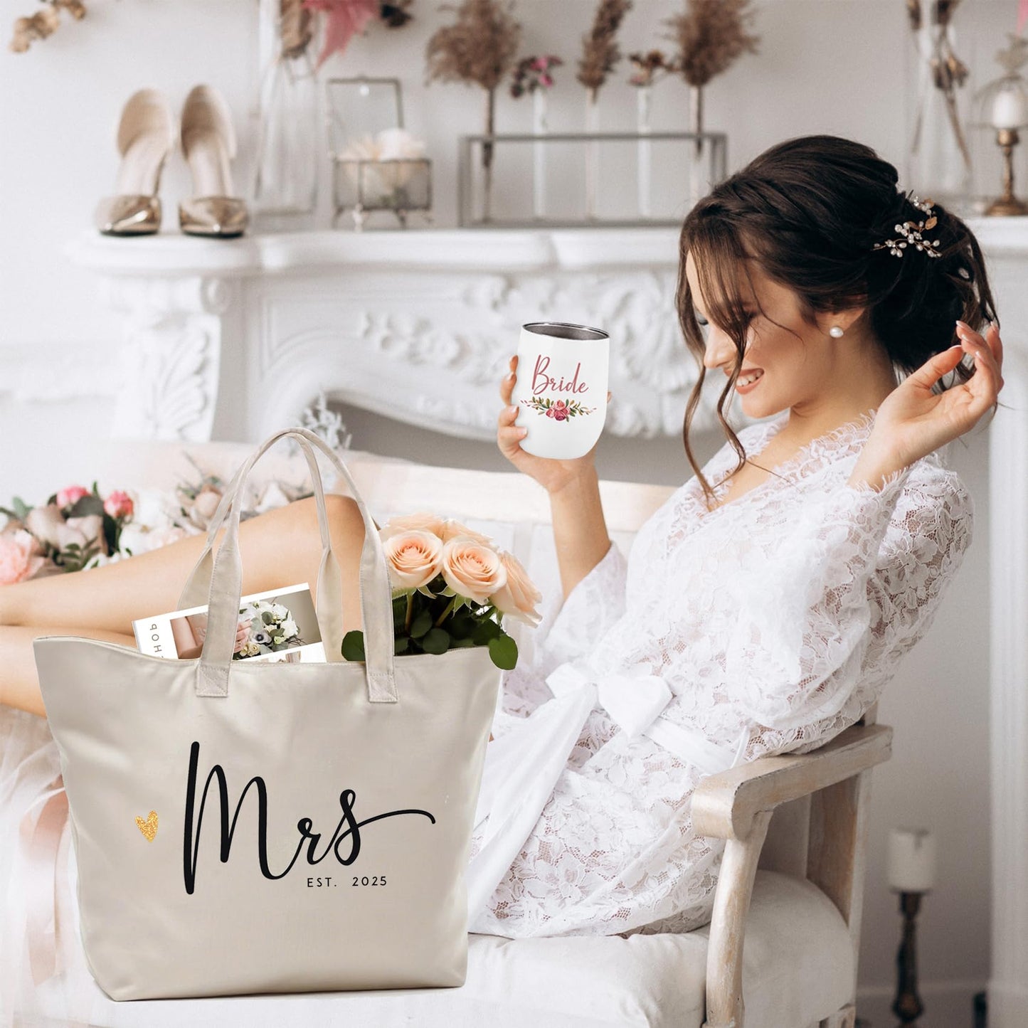 CARAKNOTS Mrs. Bag 2025 Future Mrs Bride Gifts for Wedding Engagement Bachelorette Party Honeymoon Bridal Shower Gifts for Bride to Be Tote Canvas Cotton Beach Shoulder Bag with Zipper and Pocket