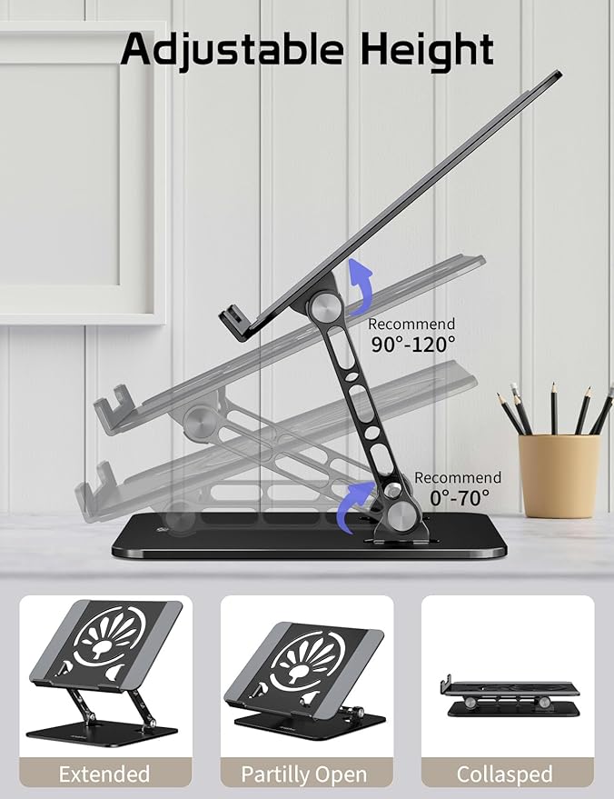 Axbima Aluminum Laptop Stand for Desk – Adjustable Ergonomic Laptop Riser, Foldable & Portable Holder Fit for MacBook & 10"-16" Laptops for Office, Home & Travel,Black