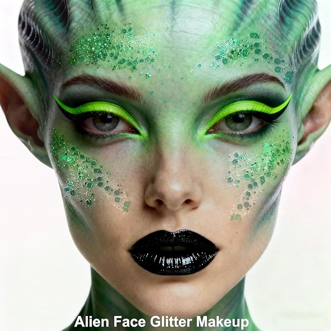 MEICOLY Green Face Body Glitter,Green Accessories for Spirit Week,Alien Costume Woman Face Glitter,Halloween Face Paint Glitter Makeup,St Patricks Day Sparkle Festival Rave Outfits