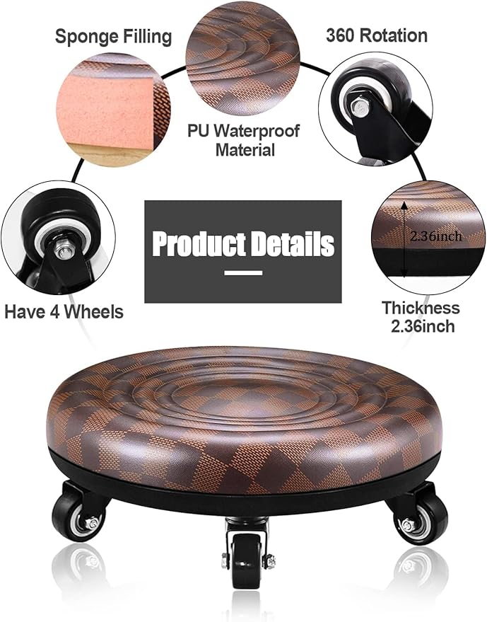 Lanstics Low Roller Seat Stool with Universal Swivel Wheels Leather Seat Chair on Wheels for Home Office Fitness (Brown)