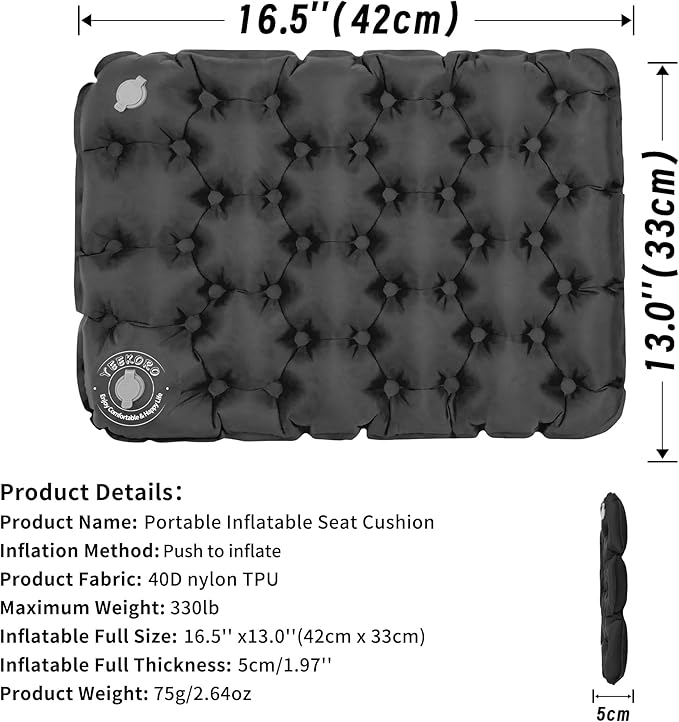 YEEKORO Inflatable Seat Cushion, Lightweight Camping Air Sitting Pad with Repair Cloths, Waterproof Air Seat Cushion, Portable Push-Press Seat Cushion for Airplane Travel Hiking Office Stadium Seat