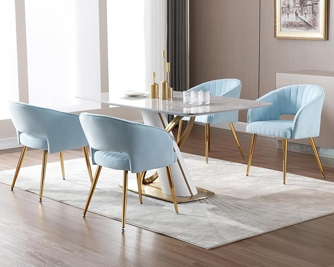 KCC Modern Accent Dining Chairs Set of 4, Upholstered Velvet Dining Room Chairs with Hollow Back, Tufted Kitchen Chairs Side Chairs with Gold Metal Legs for Living Room Restaurant, Baby Blue