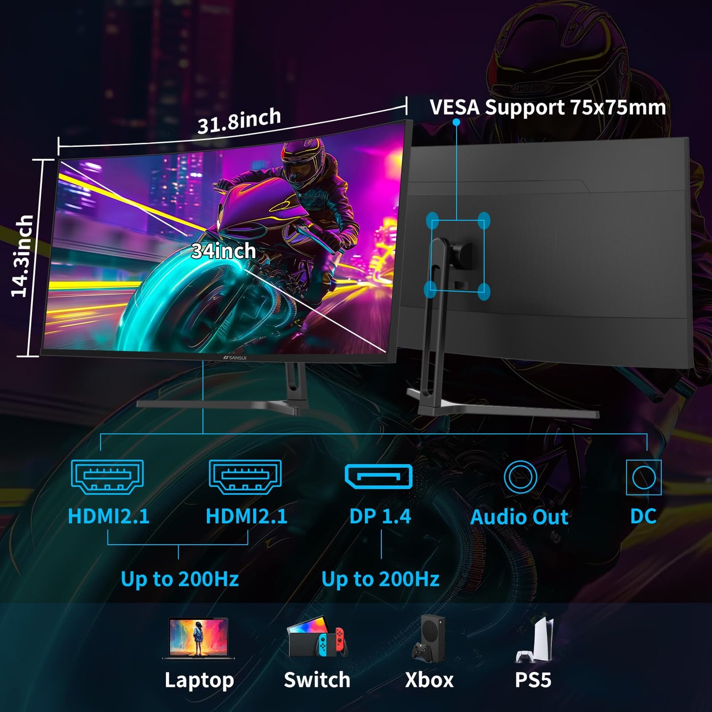 SANSUI 34-Inch Curved Gaming Monitor UWQHD 3440 x 1440P Up to 200Hz 165Hz Curved 1500R - PIP/PBP, OD 1ms, HDR, 300nits, sRGB 130%, DCI-P3 97%,AI Crosshair,HDMI2.1x2,DP1.4(Cable Included)