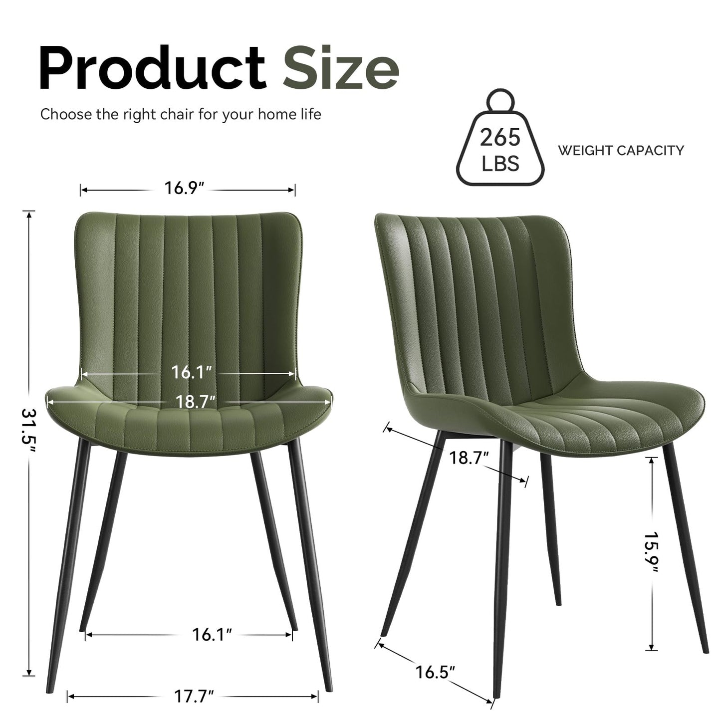 homeokay Dining Chairs, Modern Dining Room Chair 16 inch Leather with Wooden and Metal Frame, Set of 2 (Green)