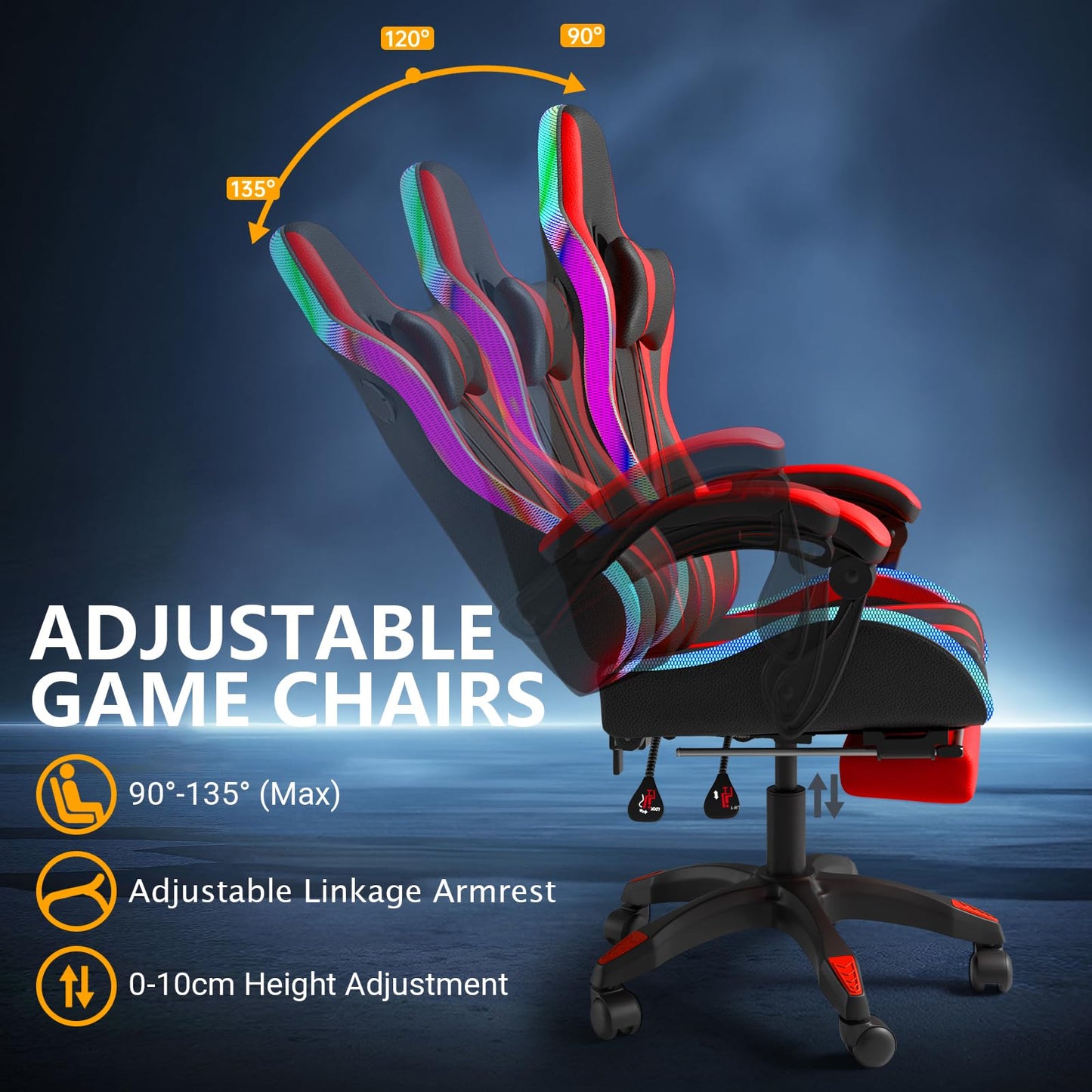 Gaming Chair with Speakers and Massage Computer Gaming Chair with LED RGB Lights and Footrest High Back Ergonomic Video Game Chair with Adjustable Lumbar Support for Adults Red and Black