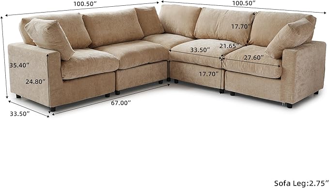WJShome Cloud Couch Modular Sectional Sofa,100.5" V Shaped Couch, Convertible Wide Seater, 5 Seater for Living Room Set,Covers Washable&Replaceable,Khkai