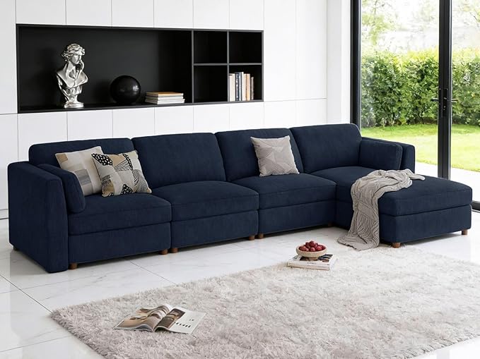 CUGOAO 153.4'' Modular Sectional Sofa, Oversized L-Shaped Sectional Couch with Ottoman, Deep Seat Chenille Cloud Couch, Mordern Upholstered Couches for Living Room, Apartment, Office, Blue