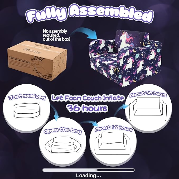 MeMoreCool Kids Folding Couch – Purple Unicorn Toddler Chair, Fold-Out 2-in-1 Sofa Bed Comfy Foam Seating, Washable Cover, Armrests & Side Pocket for Playroom or Nursery Ages 1–3
