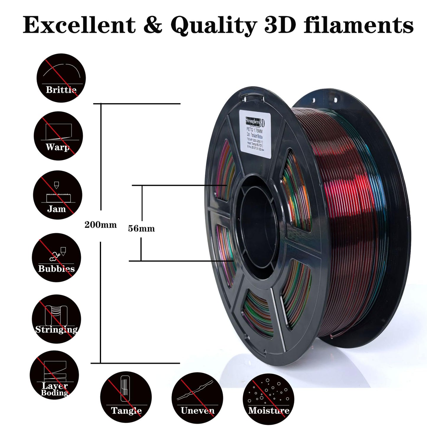 Stronghero3D PETG 3D Printer Filament 1.75mm,Gradient Multicolors,Dual Color Blue to Translucent,1kg(2.2lbs) Accuracy +/-0.05mm for ender3 Cr10