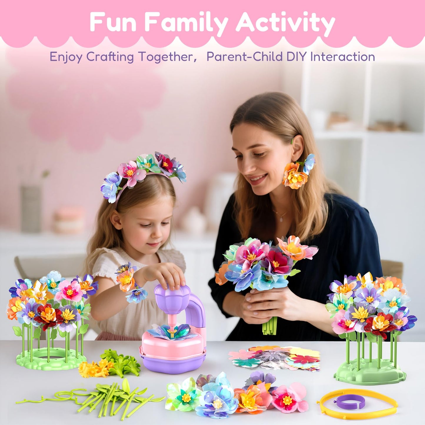 Fabric Flower Bouquets Toys DIY Flower Press Kit Arts and Crafts for Kids Ages 4-8 6-8 8-12 Girls, Creative Flower Bouquet Making Set Craft Supplies Gifts for 7 Year Old Girl Birthday Christmas