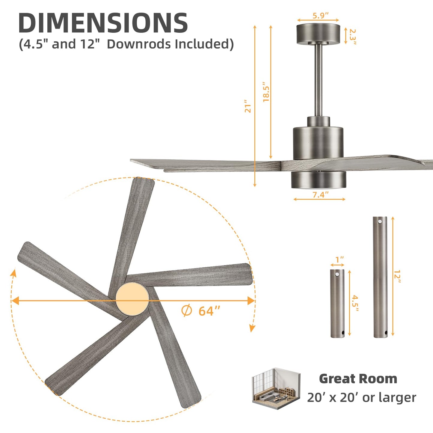 WINGBO 64" ABS DC Ceiling Fan with Lights, 5 Blade ABS Wood Grain Ceiling Fan with Remote, 6-Speed Reversible DC Motor, LED Ceiling Fans for Kitchen Bedroom Living Room, Antique Nickel and Grey