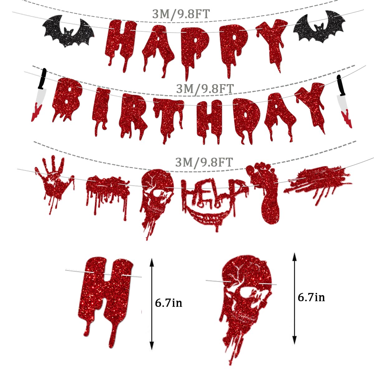 Red Glittery Halloween Birthday Decorations Banner Horror Halloween Bat Happy Birthday Banner for Bat Vampire Halloween Hocus Pocus Birthday Decorations Supplies