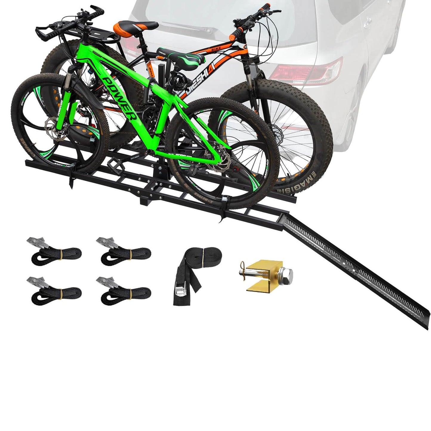 Bike Rack Hitch Mount with Ramp for 2 Bikes - Platform Ebike Rack Fits Fat Tires up to 220 lbs - Foldable & Tilt Electric Bike Rack for SUV, Truck, RV - 2 Inch Receiver