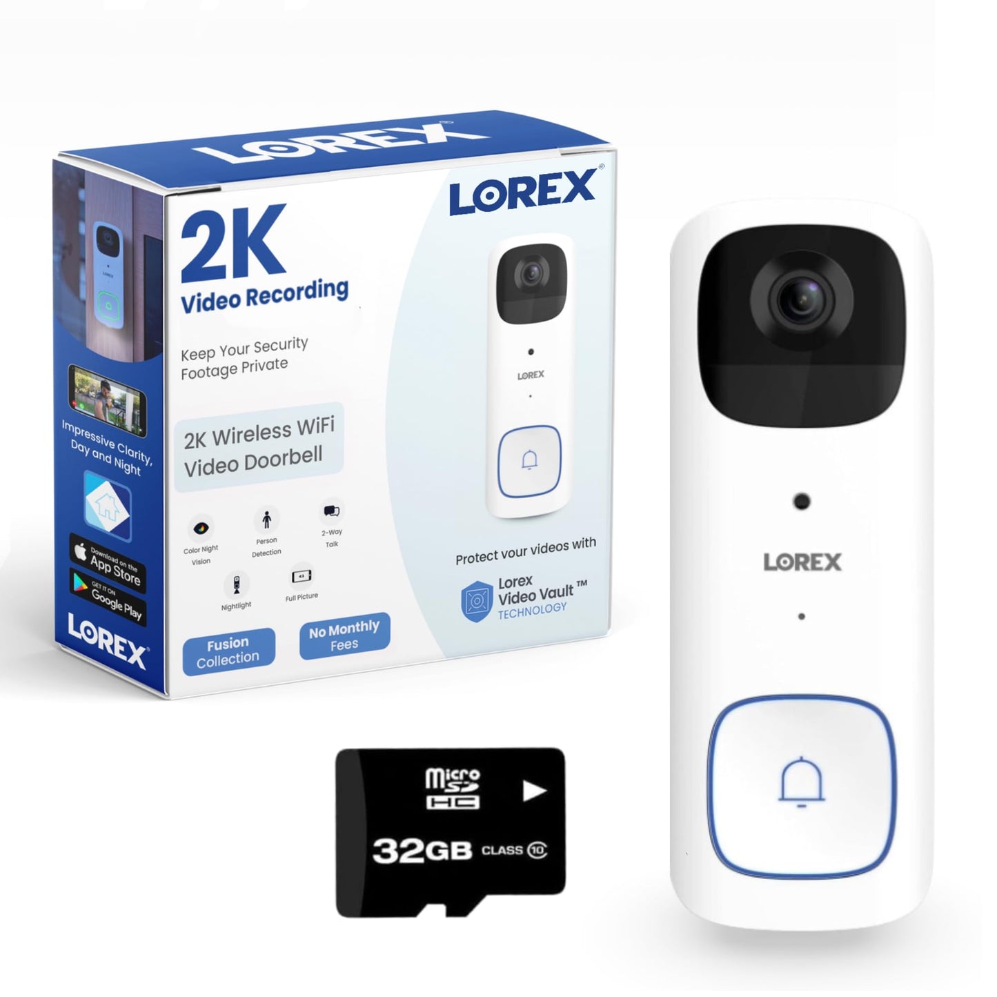 Lorex 2K Wireless WiFi Smart Video Doorbell Camera | No Subscription Fee | 32GB MicroSD Card Included | Smart Security Lighting | Night Vision | Battery-Powered | Motion Detection | White