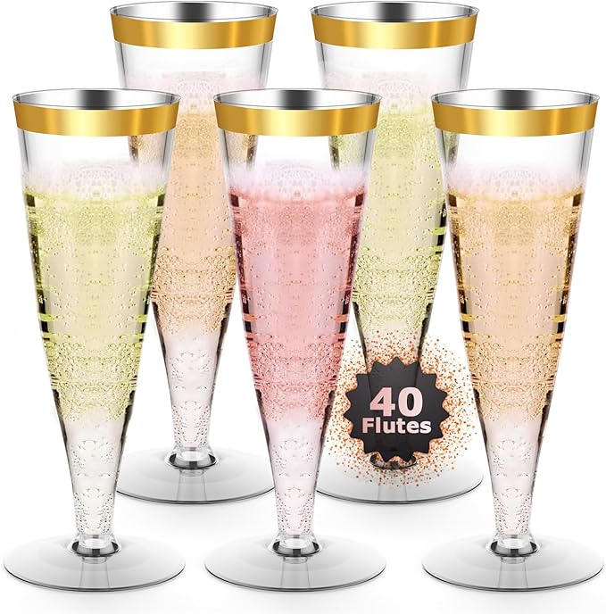 Plastic Champagne Flutes Gold Rim Disposable Champagne Glasses - 40 Pack 4.5 Oz Mimosa Glasses Bulk Cocktail Cups for Part...