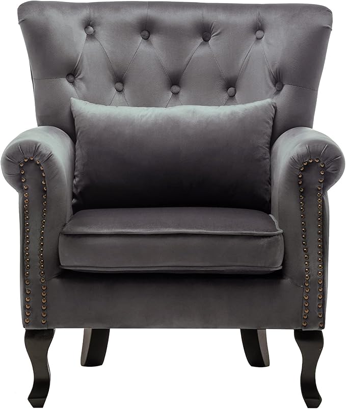 DM Furniture Mid Century Accent Chair Modern Button Tufted Armchair Wingback Club Chair Velvet Single Sofa Lounge Chair with Pillow for Living Room Bedroom, Grey