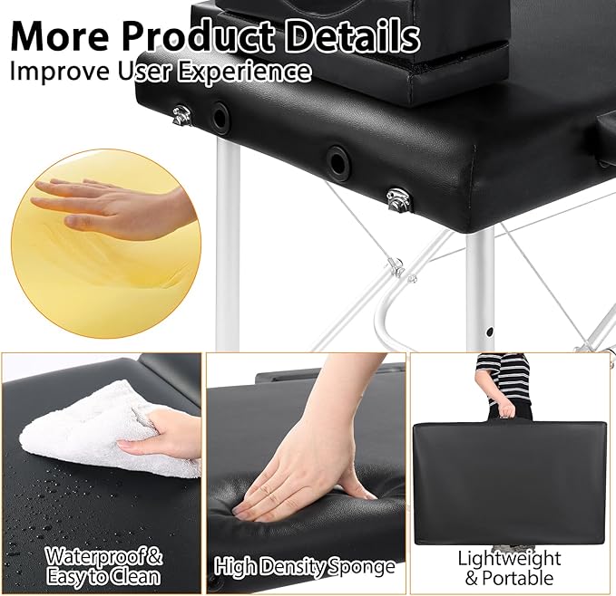 Portable Lash Bed for Lash Extensions Massage Table Esthetician Bed Salon Table Spa Bed Height Adjustable Waterproof Aluminum Frame (Black)