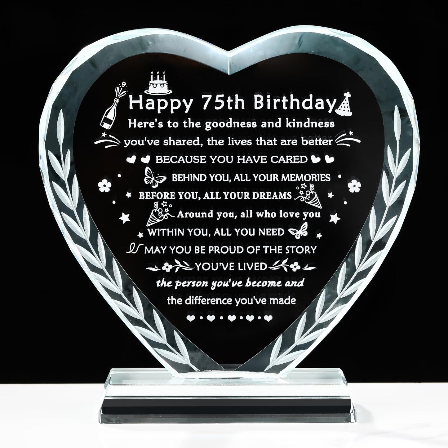 YWHL 75th Birthday Gifts for Women Men, Laser Engraving Crystal Heart Happy 75th Birthday Plaque Decorations, Gifts for 75 Year Old Women Men Mom Dad Grandma Wife Friends
