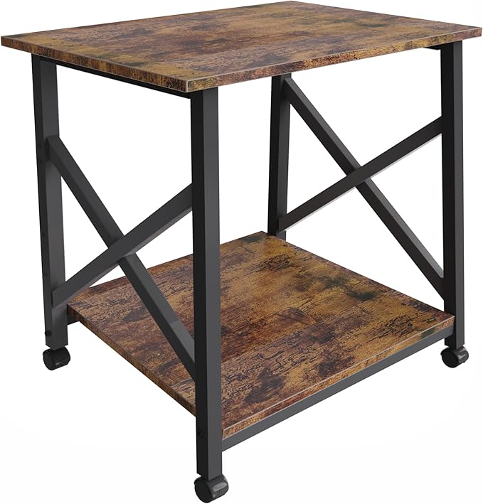 Large Printer Stand, 23.6 x 23.6 x 22.6 Inches Square Printer Table with Storage Shelf, 2 Tier Rolling Printer Cart with Industrial Wheels for Home Office Rustic Brown