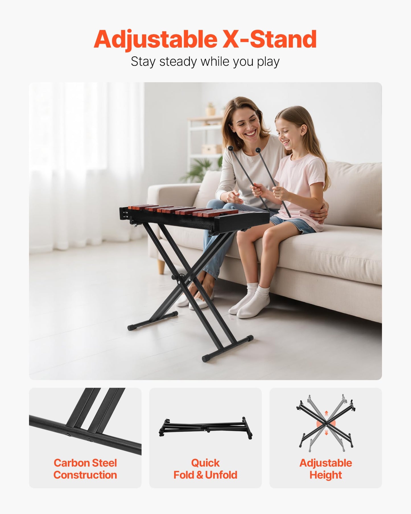 Vevor Glockenspiel Xylophone, 32 Notes, Wooden Professional Xylophone Percussion Instrument, With Height Adjustable Stand, 4 Mal