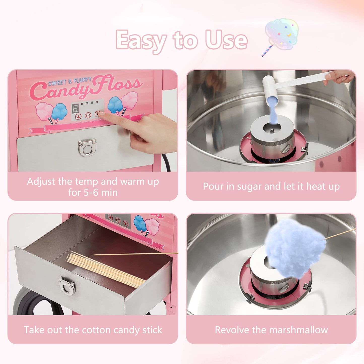 RIEDHOFF Cotton Candy Machine with Cart, Electric Cotton Candy Maker with 20 inch Stainless Steel Bowl for Family, Party, Amusement Park, Carnival- Pink
