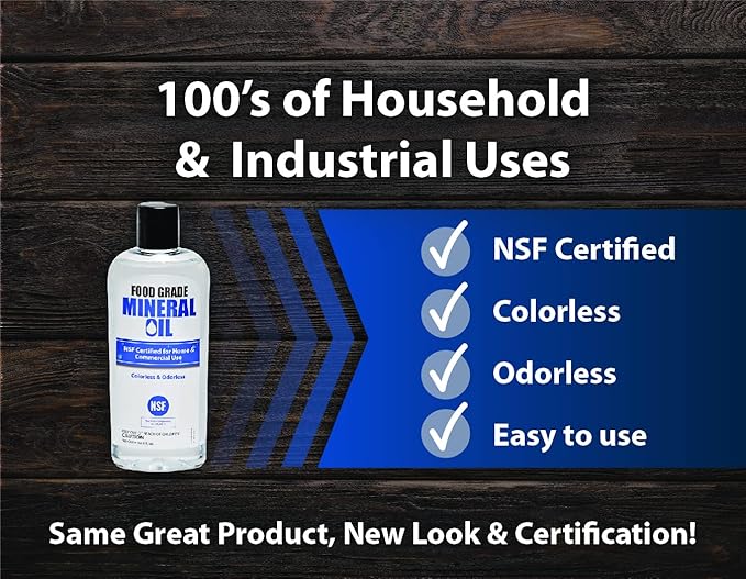 Sanco Industries NSF Certified Food Grade Mineral Oil – 8oz, Certified Food Safe Conditioner for Wood Cutting Boards, Butcher Blocks and Stainless-Steel Kitchen Equipment
