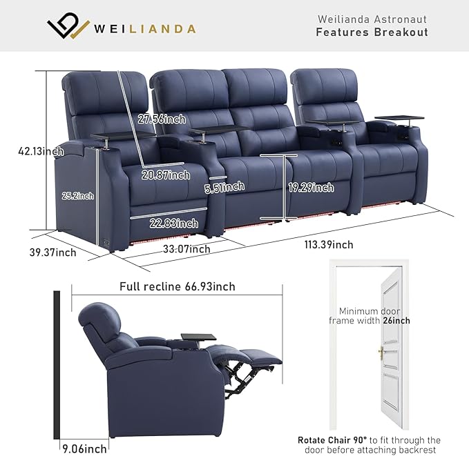 Weilianda Home Theater Seating, Top Grain Leather Sectional Seats Recliner Chair, Zero Gravity Reclining Sofa with Power Headrest 7 Colors Ambient Lighting USB C Charge Row of 4 Loveseat Middle Blue