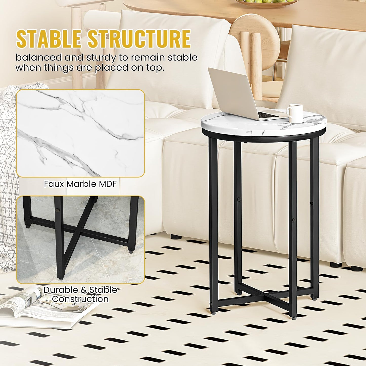 DKLGG Modern Black Side Table Set of 2, Small Coffee Table Round End Table with Black Frame, Faux Marble Bedside Table for Living Room, Bedroom, Small Space, 16" D*24" H