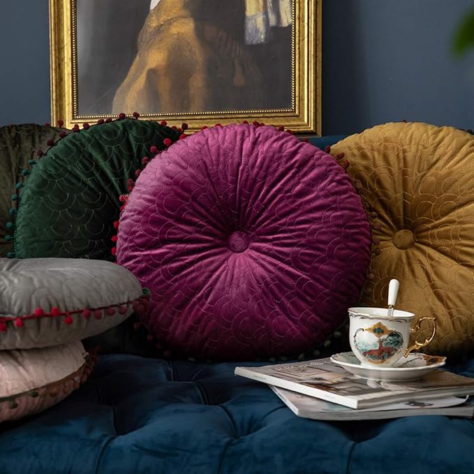 vctops Velvet Soft Round Chair Pads Cute Gradient Pom Pom Indoor Dining Chairs Cushion (Purple, Diameter 16")
