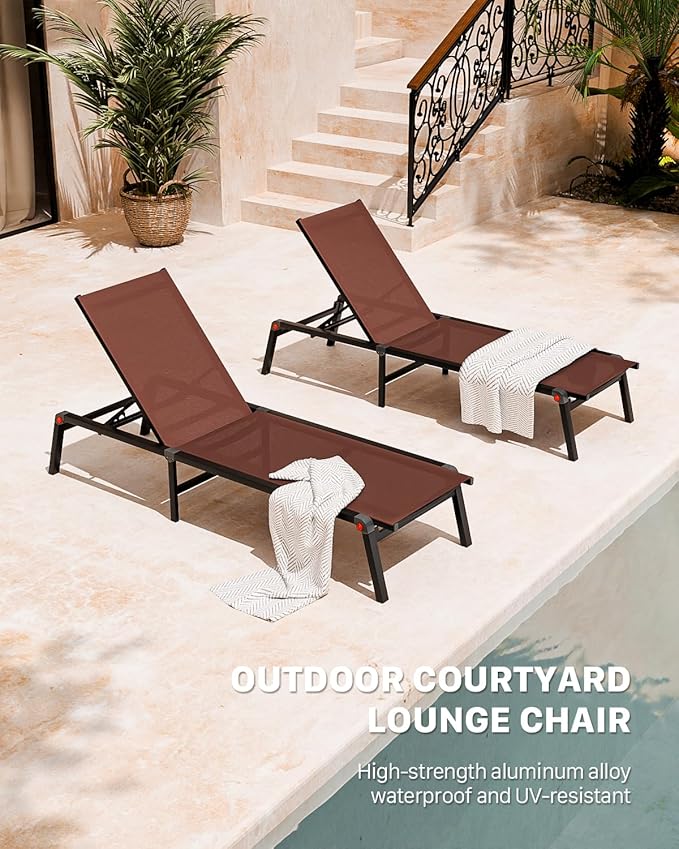WOAJNQO Aluminum Patio Chaise Lounge Chair Set of 2 with Side Table,5-Position Adjustable Backrest,Foldable Lounge Chair Outdoor,Pool Lounge Chairs for Poolside,Lawn,Deck,Beach (Brown, 2 Pack+Table)