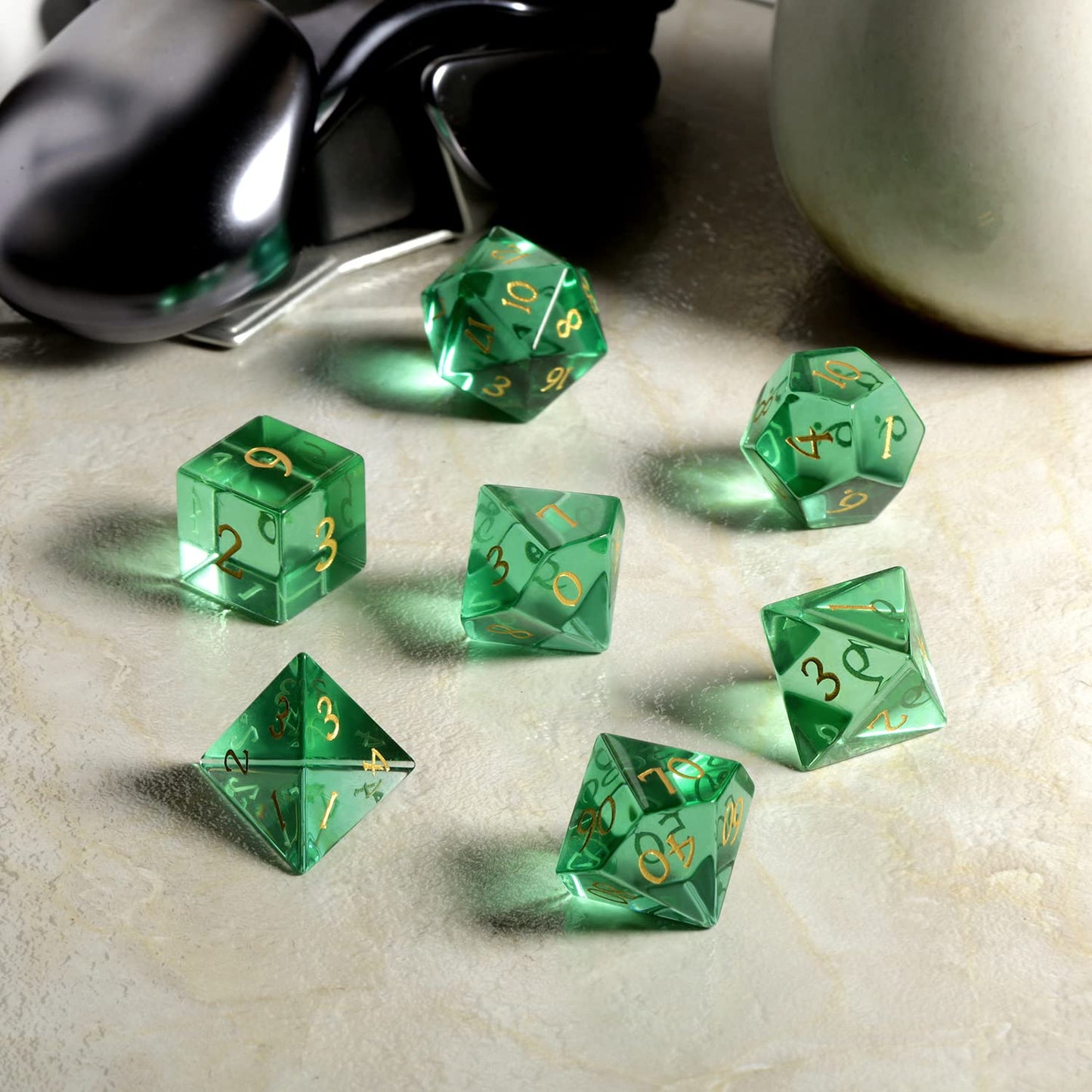 D&D Dice, DNDND 7 Piece Zircon Glass Dice Set with Great Gift Box for Dungeons and Dragon DND Tabletop Game (Green Glass with Gold Num)