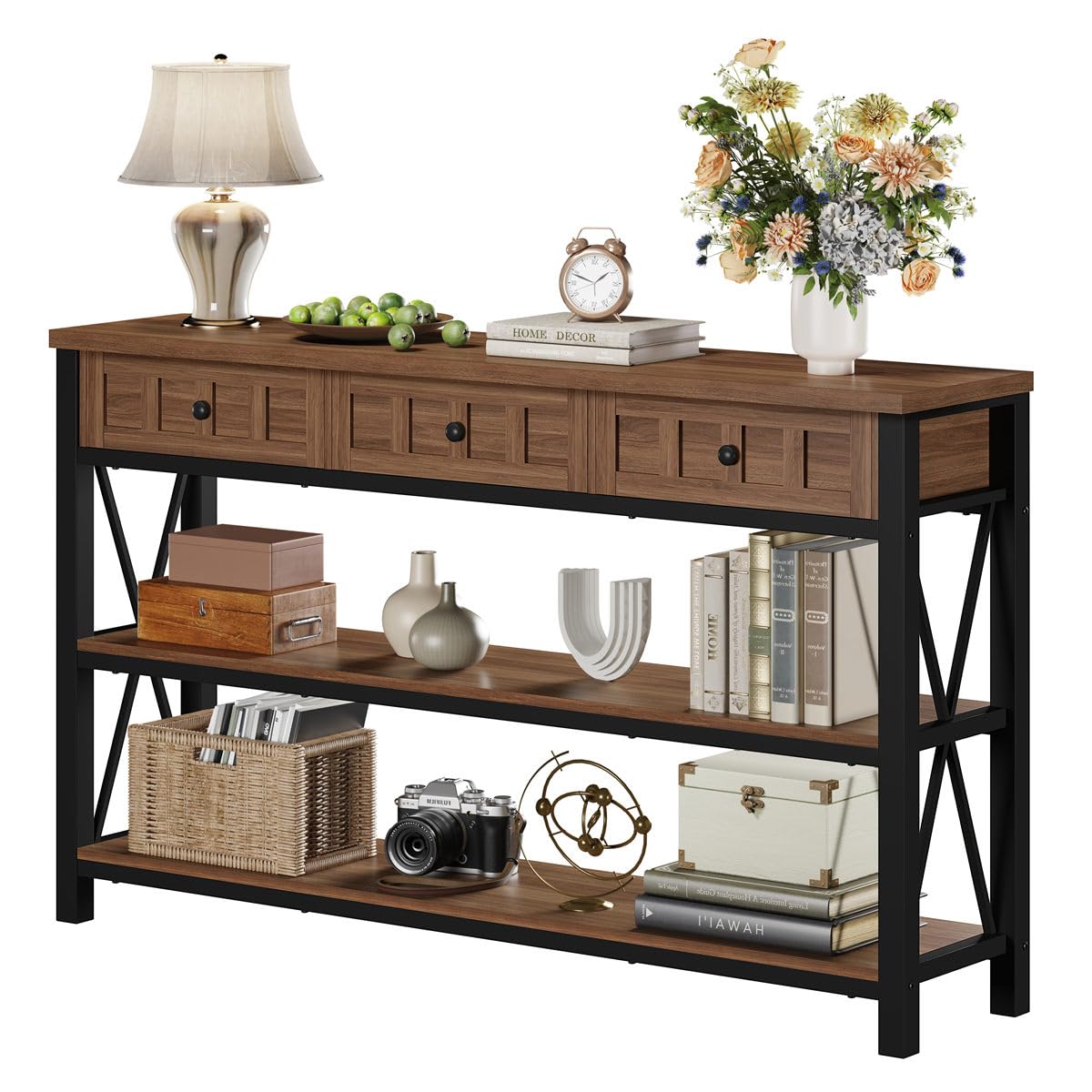 FATORRI Console Table for Entryway, Farmhouse Sofa Table with 3 Drawers for Living Room, Wood and Metal Hallway Tables with Storage and Couch Tables Behind Sofa (54.72 Inch Long, Medium Walnut)