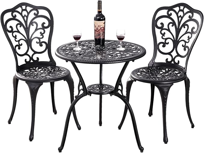 Withniture 3 Pieces Bistro Sets Cast Aluminum Outdoor Bistro Set, Patio Bistro Sets with Umbrella Hole, Weather Resistant Bistro Table and Chairs Set of 2 for Porch (Black, Butterfly)