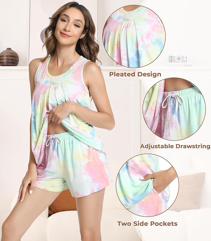 NACHILA Pajamas for Women-Viscose from Bamboo, Ribbed Racerback Tank Top Sexy Split Shorts Pajama Sets Cooling Sleep Cami Pjs