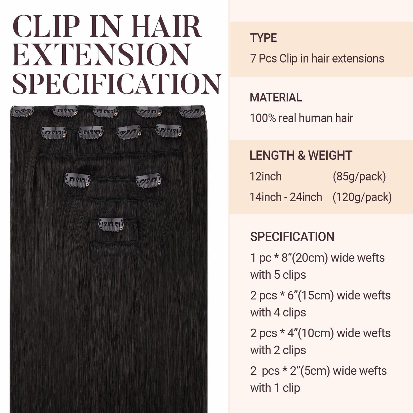 MAXITA Clip in Hair Extensions Real Human Hair, 18 Inch Natural Black 7pcs 120g, Remy Human Hair Extensions Clip in Black Hair E