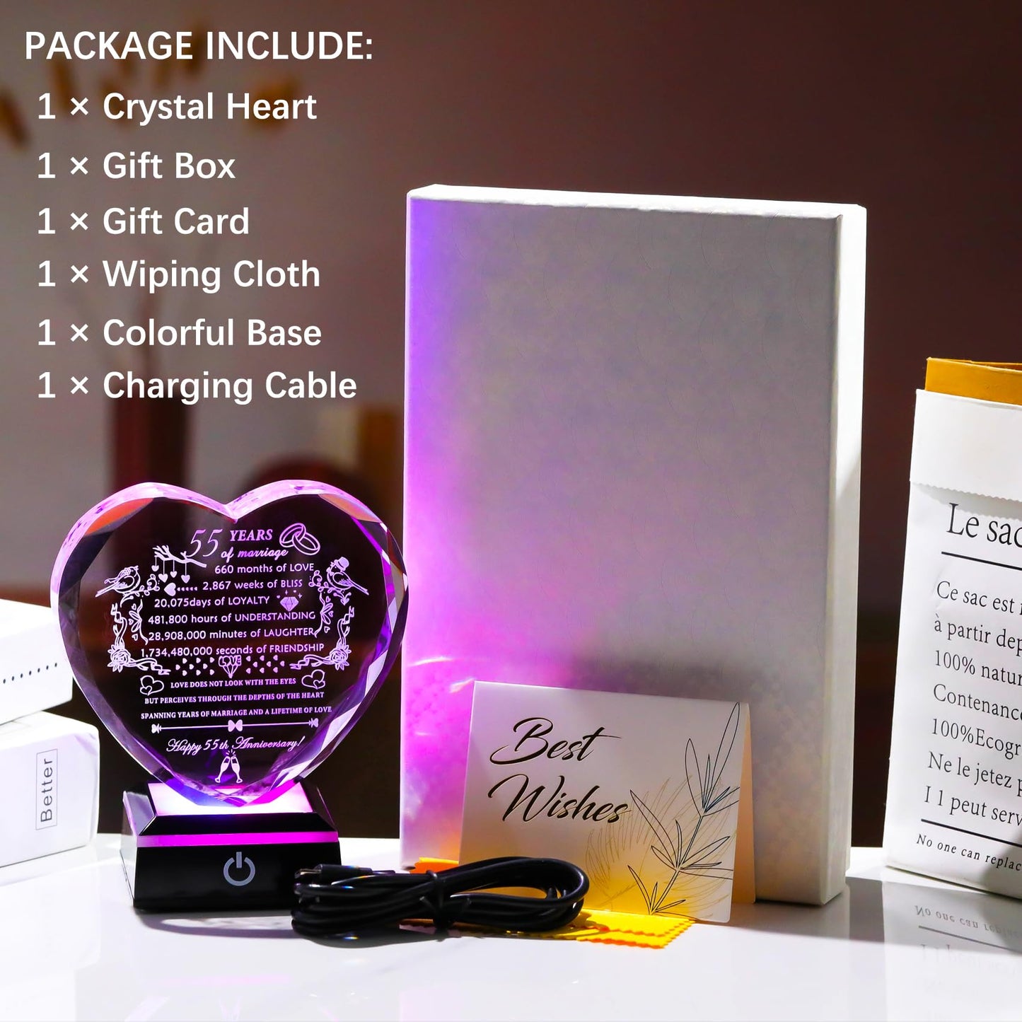 YWHL 55th Wedding Anniversary Heart Gifts with Colorful LED Base Engraved Happy 55th Anniversary Crystal Keepsake Gift for Couples Parents Romantic 55 Years of Marriage Gifts for Wife Husband