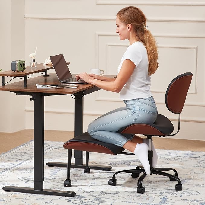 EROMMY Criss Cross Chair with Wheels Retractable footrest, Wide and Thickened ADHD Chair, Ergonomic Cross Legged Kneeling Desk Chairs for Meditation Yoga, Black & Brown