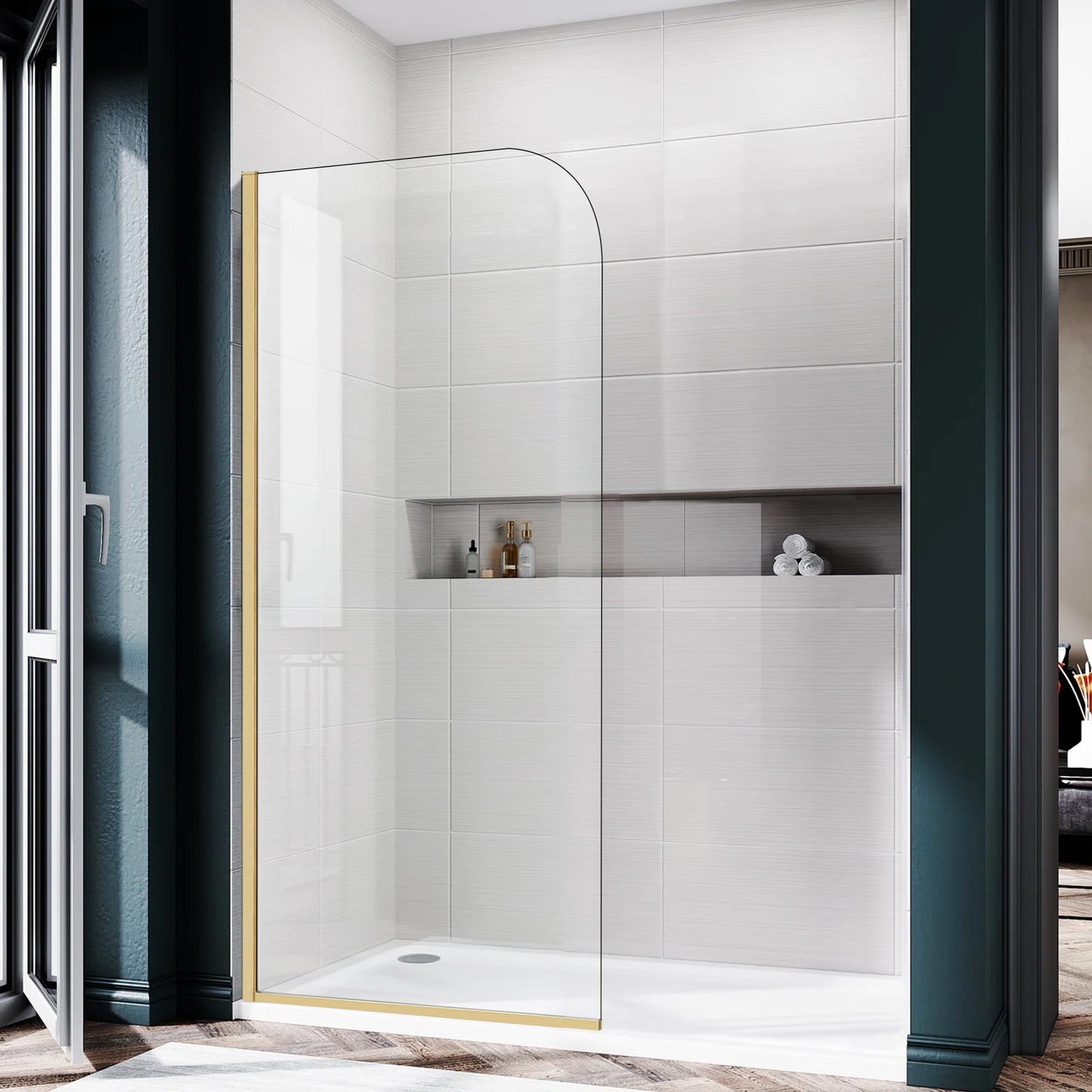 Glass Shower Panel, 34" W x 74" H Semi-Framed Fixed Shower Glass Panel in Brushed Gold with 5/16"(8mm) Clear Tempered Glass Door, Simple Shower Door Panel for Bathroom