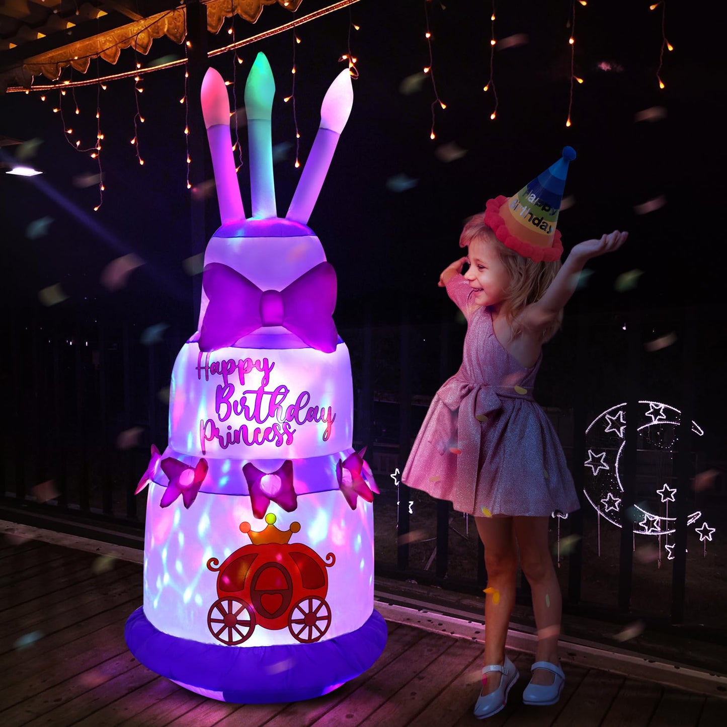 GIFTFIND 4.5Ft Inflatable Birthday Cake with Rotating Fairy Lights, Outdoor Birthday Party Decoration Cake with Candles, Holiday Blow Up Celebration Decor for Indoor Outdoor Yard Lawn, Pink Princess