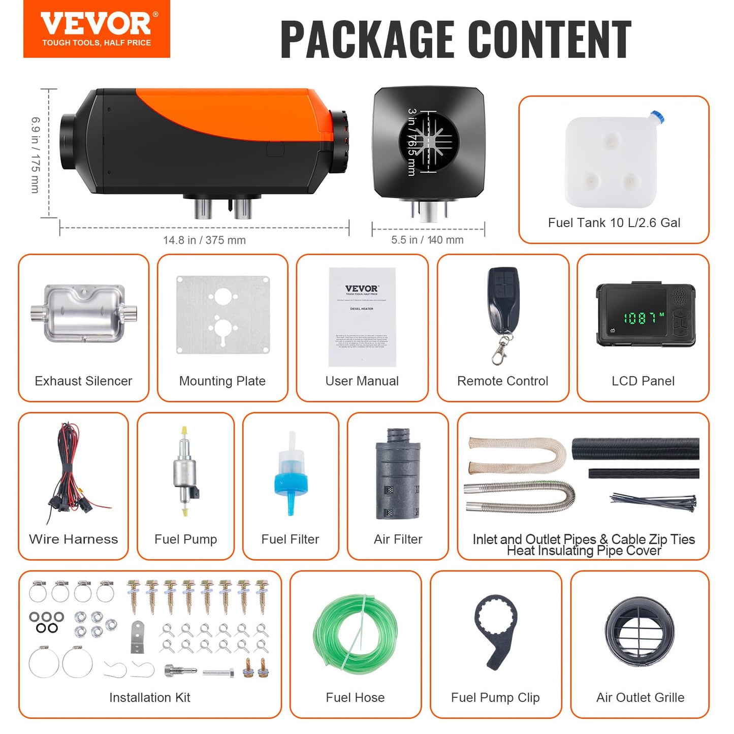 VEVOR 8KW Diesel Heater, Parking Heater with Automatic Altitude Adjustment, Max 18045 ft, Bluetooth App Control Diesel Air Heater, Remote Control and LCD, for Car SUV Trailer Camper Van Boat Garage