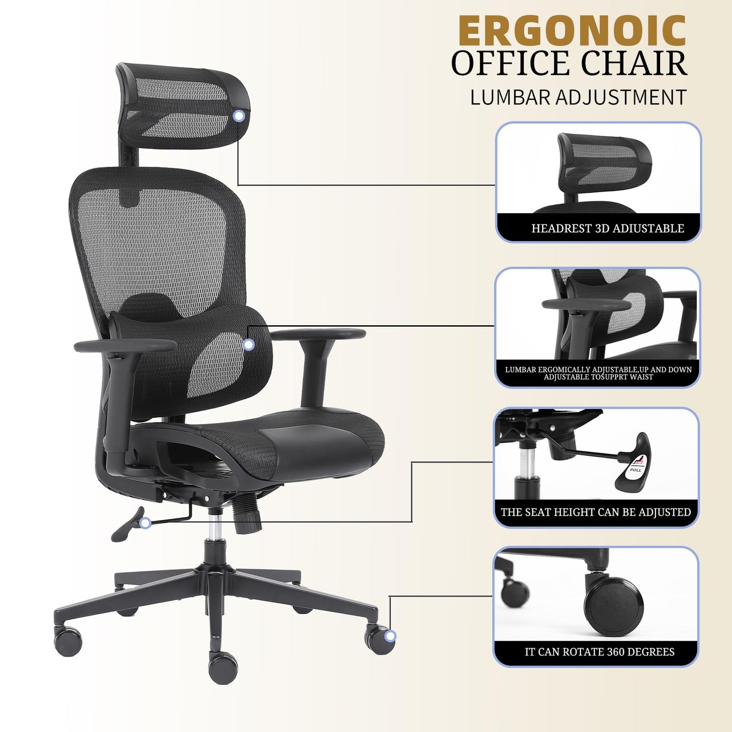 SinFurn Grod Ergonomic Mesh Office Chair with Lumbar Support - Adjustable Seat Height, Flip-Up Arms Breathable Mesh Desk Chair for Home Office, Work & Gaming (Black)