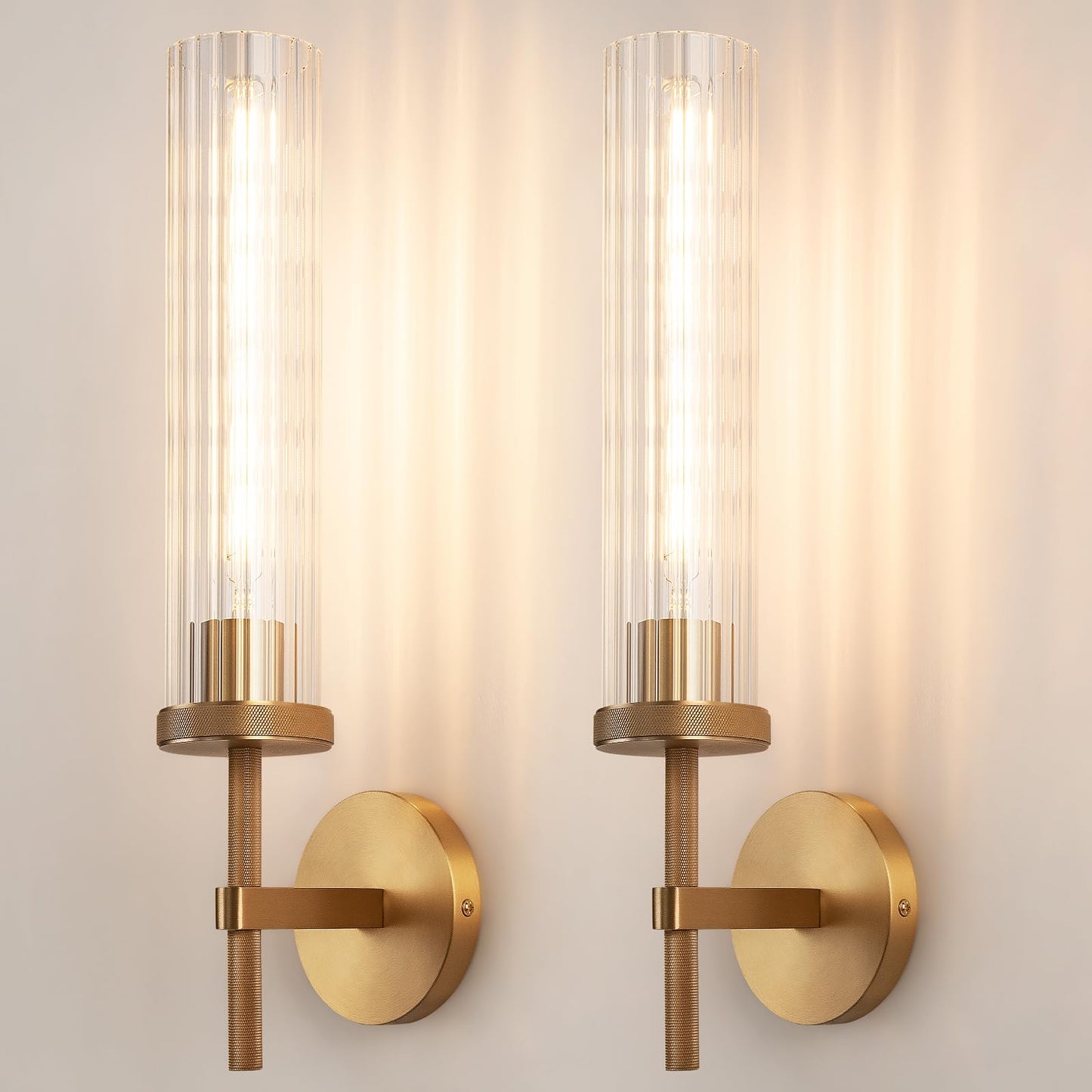 19.5" Knurled Brass Wall Sconces Set of 2, Gold Bathroom Vanity Light Fixtures with Vertical Striped Glass Tube, Modern Lamp Lighting for Bedroom, Living Room, Hallway, Staircase, Mirror, Kitchen