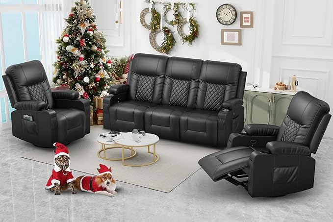 FURNIMAT Recliner Sofa Set with 3+1+1 Pieces in Living Room, 3 Seater Reclining Sofa with USB Ports, Cell Phone Holders, 2 Recliner Chairs with Vibration Massage and Heat Single Sofa Seat, Bedroom, RV