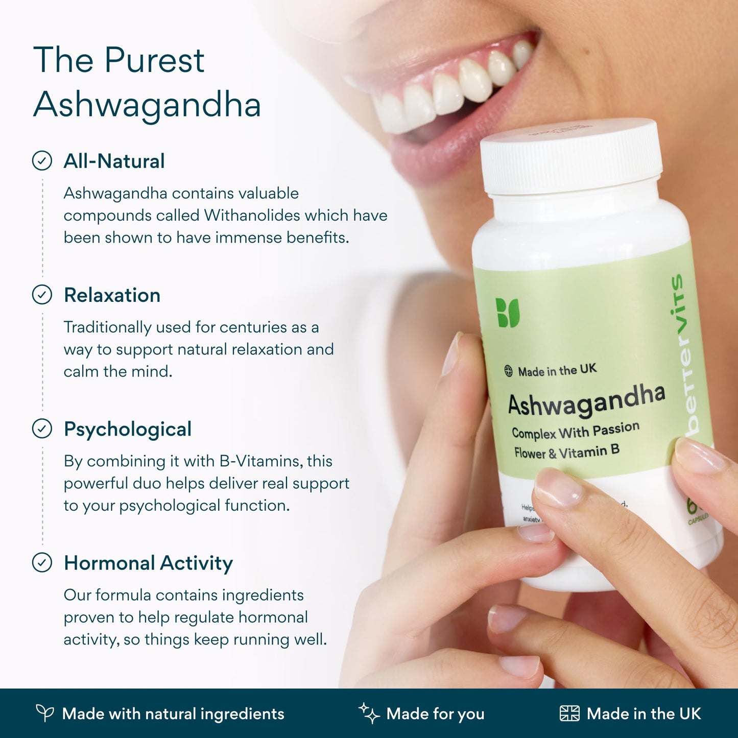Bettervits Ashwagandha High Strength Complex with Passion Flower & Vitamin B | Organic KSM-66 Ashwagandha 800mg | Stress & Cortisol Support Supplement | 60 Capsules