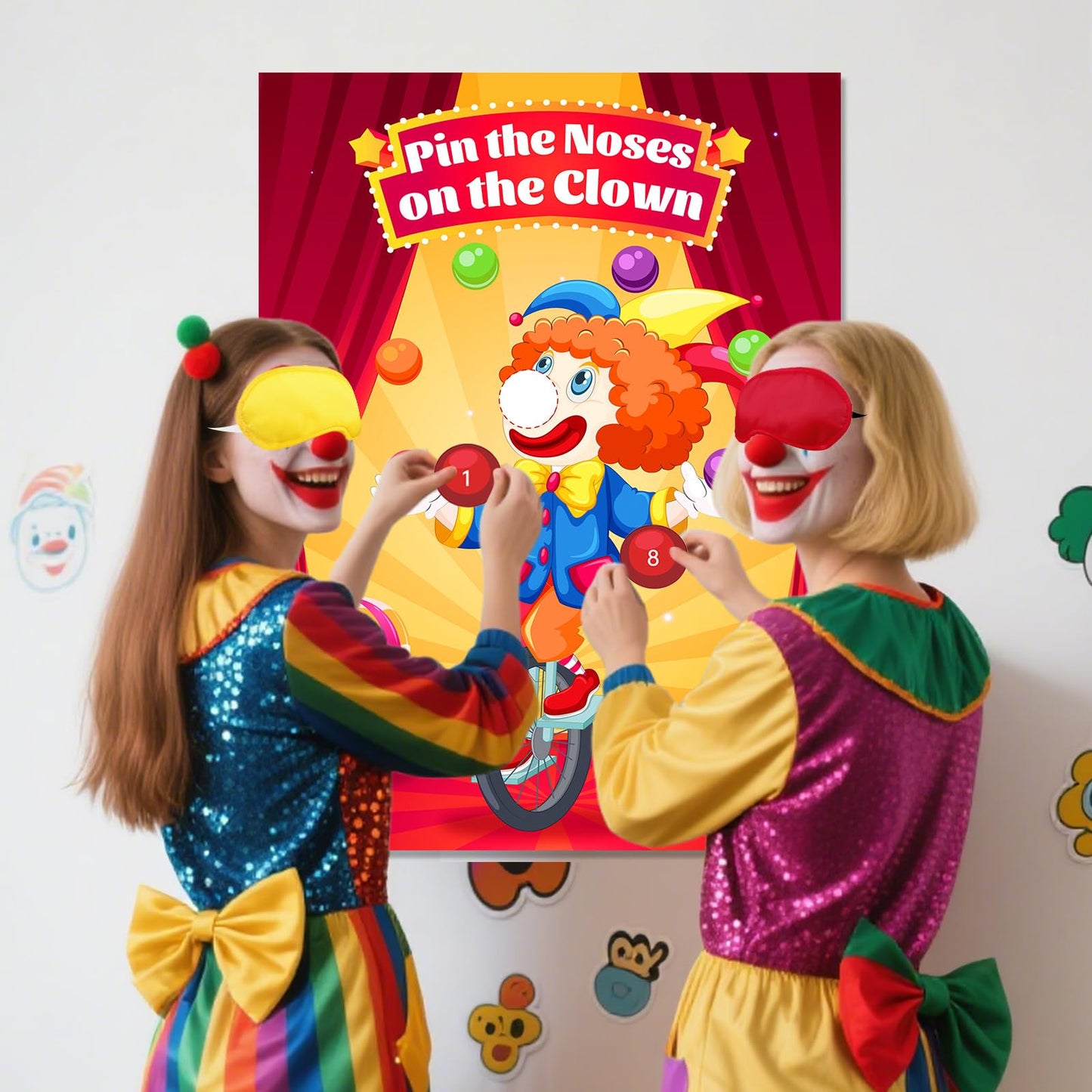 Circus Carnival Party Decorations - Pin The Noses on The Clown Birthday Games Yellow Clown Theme Poster with 24pcs Stickers and 1 Blindfold