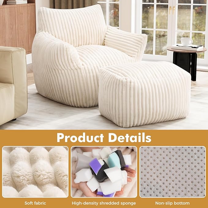 JULY'S SONG Bean Bag Chair with Ottoman for Adults, Fluffy Cream Lazy Couch Sofa Chair with Armrests for Living Room, Bedroom & Dorm