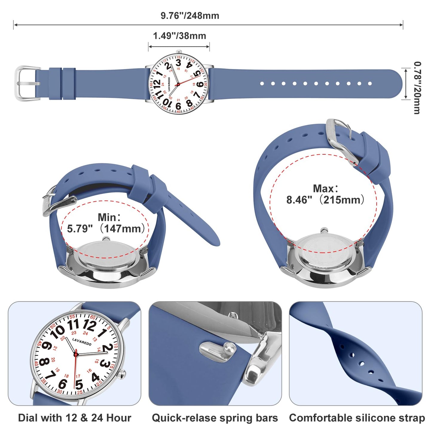 Bomieux Nurse Watch for Nurses Doctors Women Men,Waterproof Analog Watches with Luminous Dial and Japanese Quartz Movement,Easy to Read Military Time Watch with Second Hand, 12/24 Hours,Silicone Band