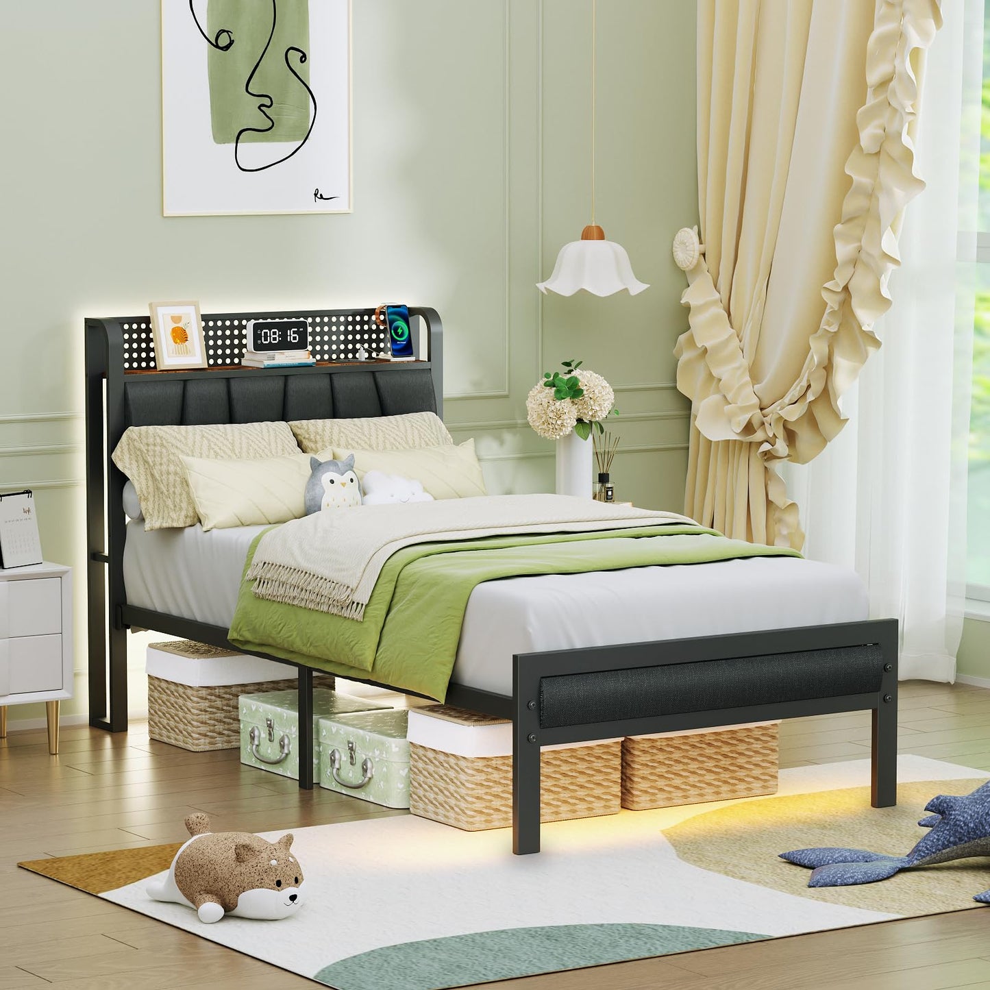 Furnulem Twin Size Bed Frame with LED Light and Charging Station, Grey Upholstered Storage Headboard with Shelf, Metal Platform Bed with Heavy Duty Slats, No Box Spring Needed, Noise Free