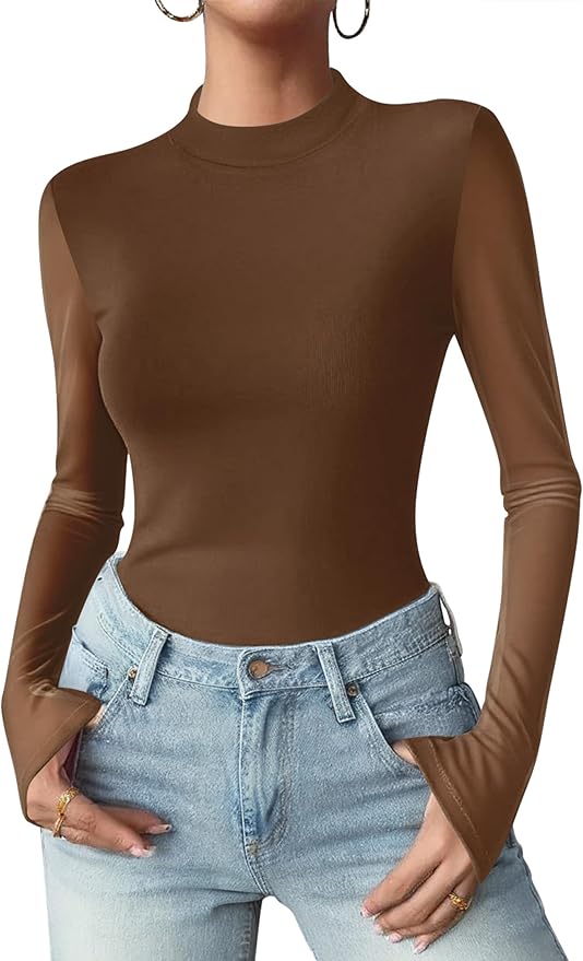Zeagoo Womens Floral Mesh Long Sleeve Tops See Through Going Out Blouses Mock Neck Sheer Party Outfits Shirts S-XXL